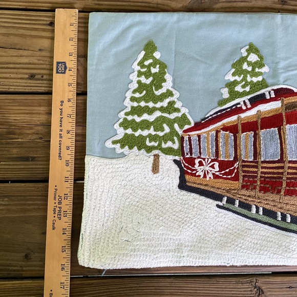 Pottery Barn Winter Wonderland Snow Streetcar Sleigh Crewel Lumbar Pillow Cover - Picture 13 of 16